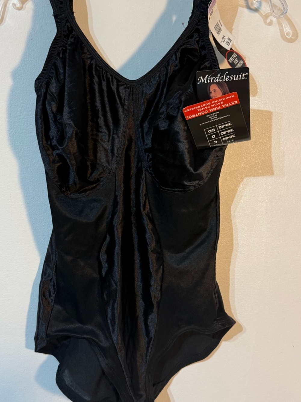Miraclesuit Black Satin panel body briefer wire free bust minimizing size 42DD